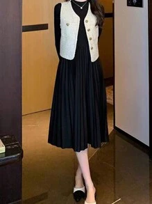 SHEIN Unity Áo khoác nữ cổ chữ V không tay màu trơn có túi thường ngày/làm việc - Màu be - Xem 4