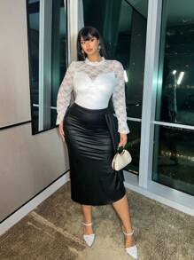 SHEIN Unity 大码复古宫廷风蕾丝长袖扭结浪漫蕾丝衬衫 - 米色 - 查看 5