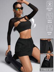 Innovista 女士运动网球套装，包括露脐运动上衣、运动文胸、T恤、半裙和短裤，运动风格，内置短裤口袋，必备配套运动服，适合从办公室到球场、早午餐到健身房等各种场合。两件套多功能运动休闲服，适合全天候穿着，Tenniscore 运动弹力套装，防紫外线，透气，适合秋季穿着，适合跑步、骑行、高强度间歇训练 (HIIT) 等运动，舒适自在，实用时尚，适合派对穿着。