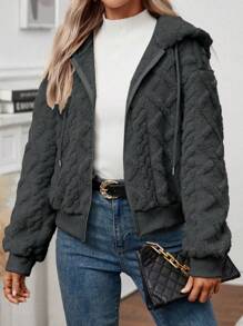 EMERY ROSE 1 Áo khoác trùm đầu tay dài khóa kéo phía trước màu trơn cho nữ - Màu xám đen - Xem 4