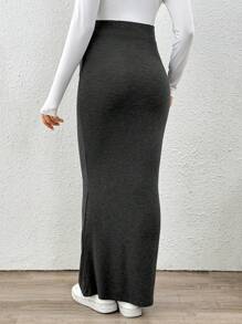 SHEIN 孕妇秋季休闲纯色修身长裙 - 深灰色 - 查看 2