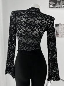 DAZY Women's Sexy Slim Fit V-Neck Lace Long Sleeve Top, Spring & Summer Going Out Tops Sheer,Fall Clothes Valentine's Day - Black - View 11