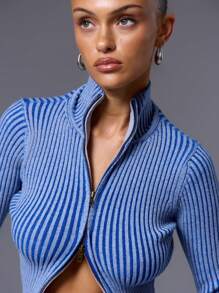 MUSERA Áo khoác cardigan dài tay cổ cao có gân, khóa kéo, kiểu dáng thường ngày, phong cách Y2K thập niên 90, kẻ sọc, dễ thương, màu pastel, đồ cơ bản cho mùa hè, sân bay, kỳ nghỉ, lễ hội, trở lại trường học, mùa đông, hàng ngày, công sở, thanh lịch. - Màu xanh lam - Xem 5