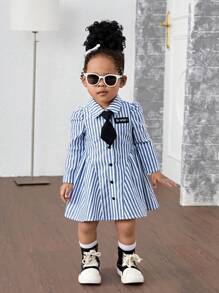 Bubblio Baby Girl Woven Long Sleeve Striped Collared Fitted Casual Dress (Tie Not Included) - Blue - View 5