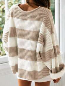 Áo len sọc cổ tròn dài tay thả vai rộng rãi cho nữ, thường ngày cho mùa thu/đông, áo tay ba phần tư - Bụi tím - Xem 2