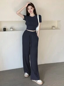 DAZY 女士休闲纯色短袖上衣和裤子两件套夏季短裤套装 - 藏蓝色 - 查看 2