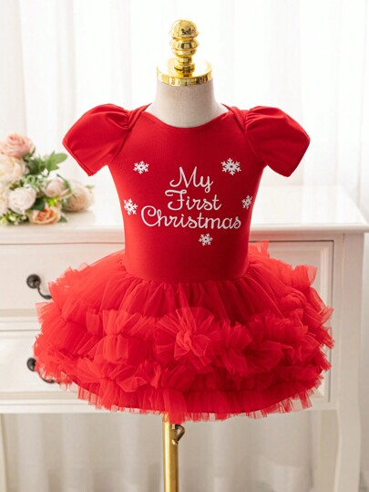 Glamorique Kids Baby Girl Christmas Partywear Red Knit Short Sleeve Mesh Tutu Dress With Snow Flake Print, Fall/Winter Holiday Set