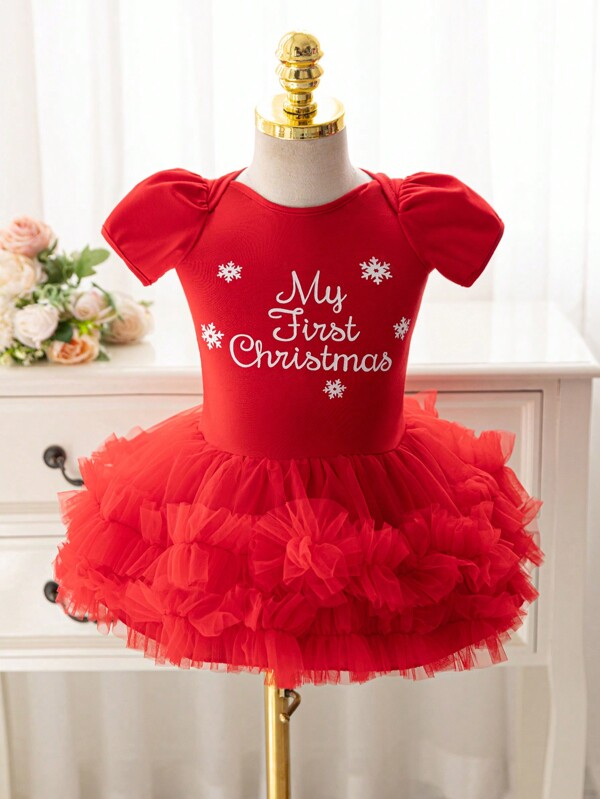 Glamorique Kids Baby Girl Christmas Partywear Red Knit Short Sleeve Mesh Tutu Dress With Snow Flake Print, Fall/Winter Holiday Set