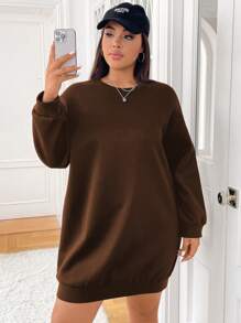 SHEIN EZwear Plus Size Minimalist Black Sweatshirt Dress, For Winter - Brown - View 1