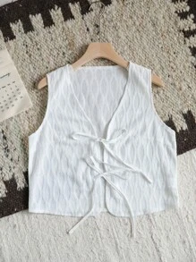 SHEIN VCAY 女士休闲抽绳无袖纹理面料度假上衣 - 白色 - 查看 7