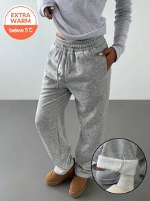 SHEIN BASICS Pantaloni della tuta in maglia in colore unito con vita alta, allentati, con coulisse e fodera termica, per donna - Grigio Chiaro - Visualizzare 1