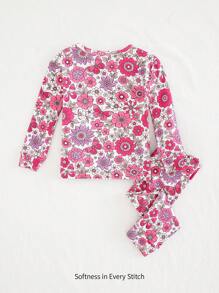 Cozy Pixies 2 件装女婴花卉印花针织柔软圆领长袖上衣和长裤贴身睡衣套装