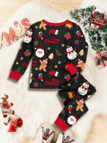 SHEIN 圣诞圣诞老人、驯鹿、拐杖糖图案圆领运动衫和裤子贴身睡衣套装，适合女婴，休闲舒适秋冬 - 彩色 - 查看 2