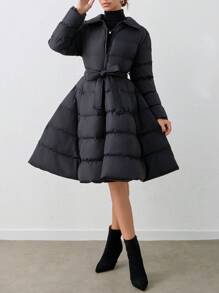 SHEIN Tall Zip-Up Belted A-Line Long Sleeve Winter Jacket - Black - View 1