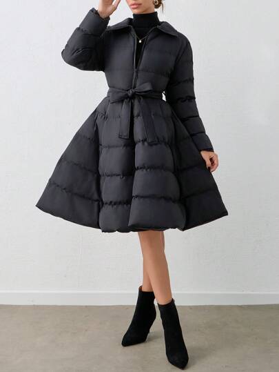 SHEIN Tall Zip-Up Belted A-Line Long Sleeve Winter Jacket