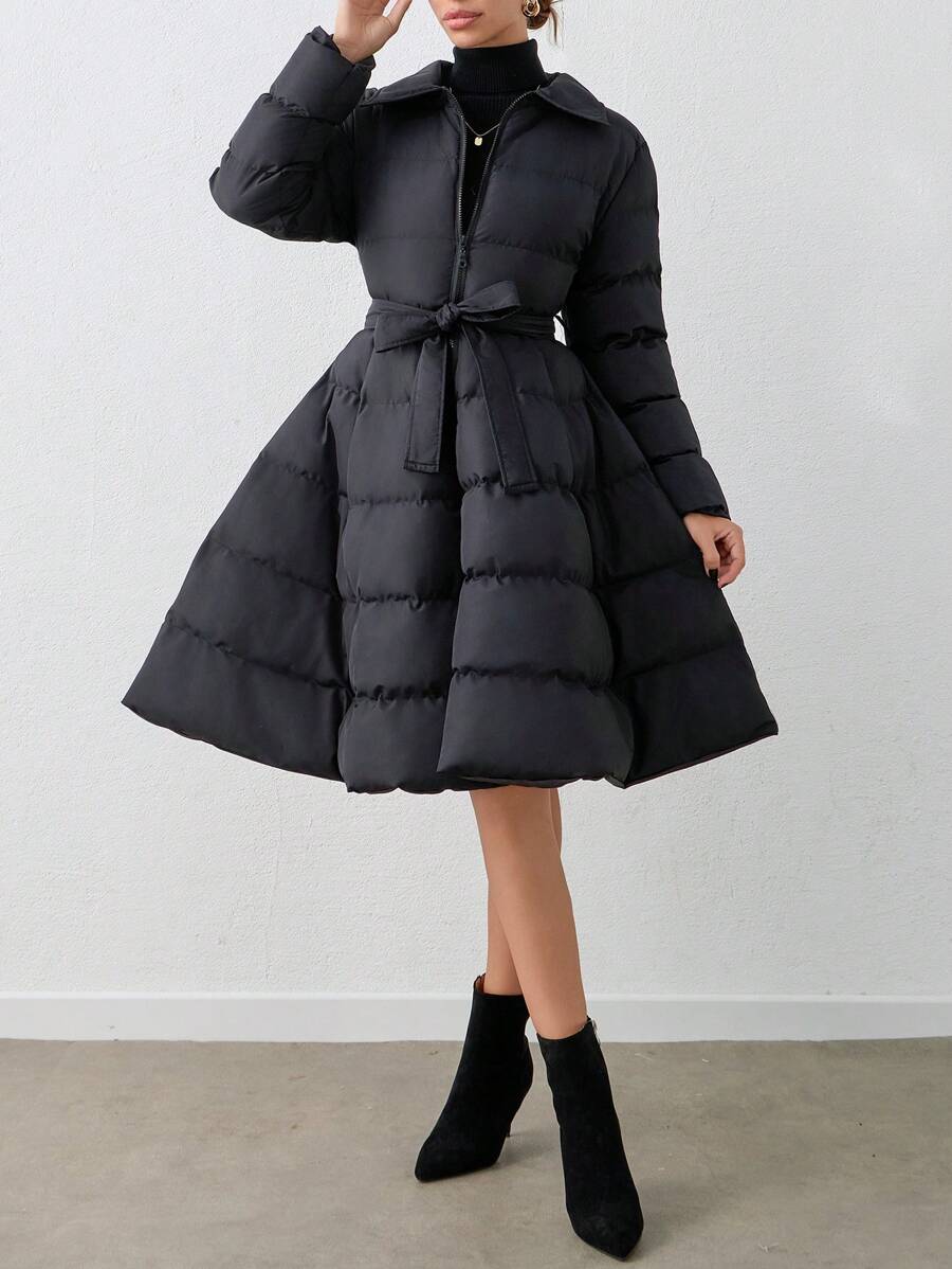 SHEIN Tall Zip-Up Belted A-Line Long Sleeve Winter Jacket - Black - View 1