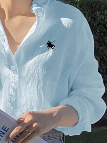 INAWLY Women's Shoulder Drop Knight Pattern Long Sleeve Casual Shirt, Spring/Fall,Long Sleeve Tops - Baby Blue - View 3