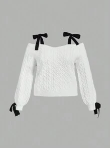 SHEIN MOD Plus Size Strapless Cable Knit Bow Long Sleeve Sweater - Black and White - View 1