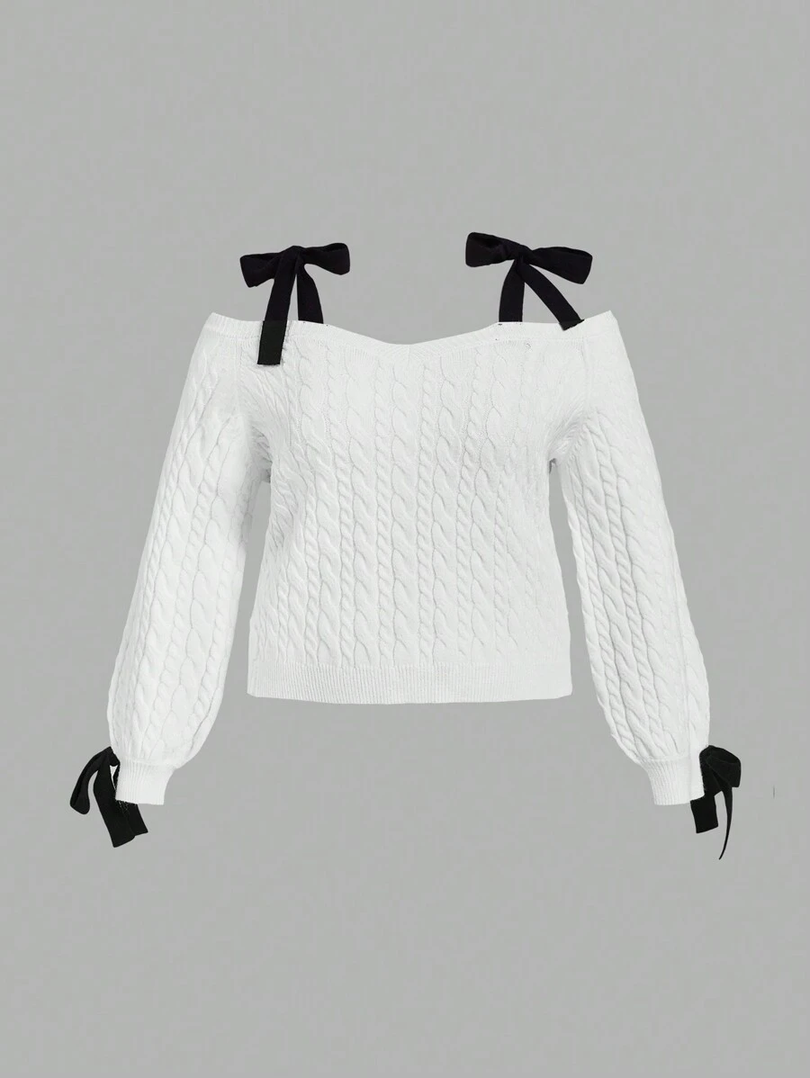 SHEIN MOD Plus Size Strapless Cable Knit Bow Long Sleeve Sweater - Black and White - View 1