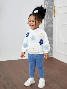 SHEIN Leap Crew Baby Girl Cute Floral Embroidered White Hooded Sweatshirt For Fall & Winter - White - View 4
