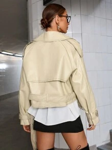 GENKIRA Chaqueta casual de motocicleta de piel de PU, otoño - Caqui - Ver 3