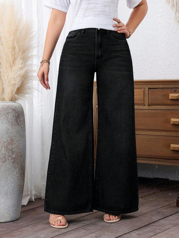 Casual Washed Wide Leg Jeans For Winter - Black - View 3