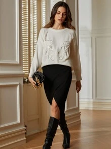 Aveloria Rosie Áo len dài tay dáng rộng, cổ tròn, kiểu Pháp, tay dài, thêu tay thủ công, đính ngọc trai giả và sequin, thích hợp cho mùa thu đông. - trắng - Xem 7