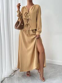 SHEIN Unity 2 件套女士简约休闲日常系带纹理上衣和开衩下摆裙子套装，秋季 - 杏色 - 查看 4