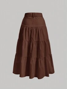 SHEIN MOD Chân váy xếp nếp nhiều lớp màu trơn cho nữ - màu nâu - Xem 2