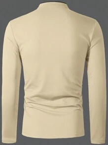 Manfinity Homme 男士休闲字母印花长袖 Polo 衫，适合通勤、秋季 - 杏色 - 查看 2