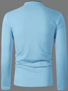 Manfinity Homme 男士休闲字母印花长袖 Polo 衫，适合通勤，秋季 - 淺藍色 - 查看 2