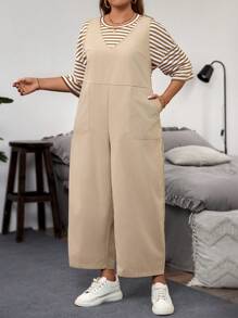 SHEIN LUNE Plus Size 2pcs Casual Striped Dropped Shoulder Top And Wide Leg Jumpsuit Set, Fabric For Summer