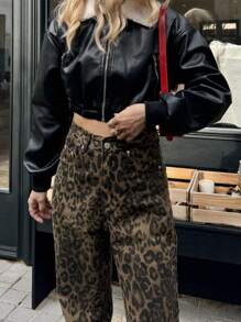 Chiquease Sheepskin Collar Patchwork Black Leather Motorcycle Short Jacket - Black - View 3