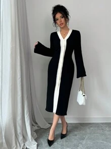 Chiquease Women's Color Blocking Front Button Bell Sleeve Sweater Dress Fall Cloth For Women - Black - View 5