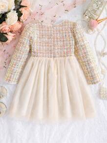 SHEIN Glamorique Kids Christmas Young Girl Sequin Dress, Beige-Color Beaded Long Sleeve Blouse Paired With Beige Tulle, Bow Decor At Waist. Perfect For Party Or Special Events, Instantly Become The Center Of Attention - Champagne - View 2