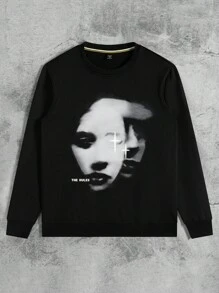 Manfinity Roughcore 男士圆领面部印花长袖休闲宽松时尚运动衫，万圣节黑色运动衫外出街头装圆领图案运动衫，适合朋友、丈夫、男朋友的礼物 - 黑色 - 查看 5