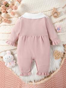 女婴毛衣连体衣，针织长袖连体衣，配裤子和帽子，柔软保暖，适合秋冬季。粉色，优雅蕾丝边饰，蝴蝶结装饰，荷叶边下摆，时尚别致，适合日常穿着，室内、户外、旅行 - 粉色 - 查看 2