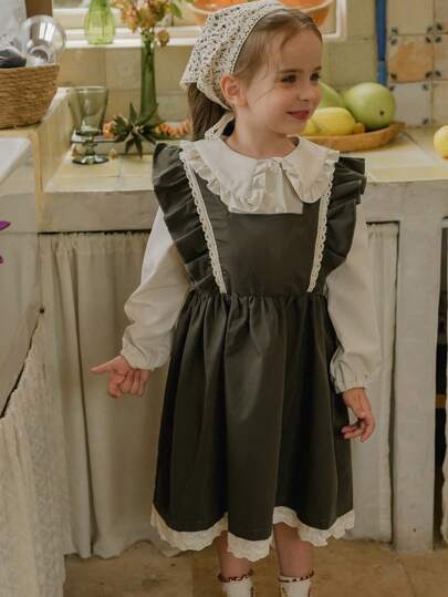 SHEIN 2 Stücke Mädchen Freizeitoutfit Set aus apricotfarbener Bluse und grünem Kleid, vintage, geeignet für Herbst und Winter