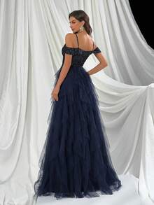 QOQ 女神优雅蓝色拼接网眼露肩女士礼服，适合舞会、鸡尾酒会和派对 - 寶藍色 - 查看 2