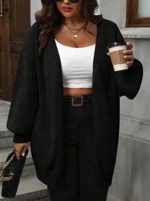 SHEIN LUNE 大码女式字母图案蝙蝠袖宽松休闲开衫，秋冬 - 黑色 - 查看 4