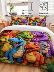 Bộ đồ giường khủng long nhiều màu sắc 3 món, sản phẩm đồ giường thoải mái bao gồm 1 vỏ chăn + 2 vỏ gối, làm bằng vải sợi polyester 100% mềm mại, thích hợp cho phòng ngủ và ký túc xá thanh thiếu niên hoặc du lịch - Nhiều màu - Xem 2
