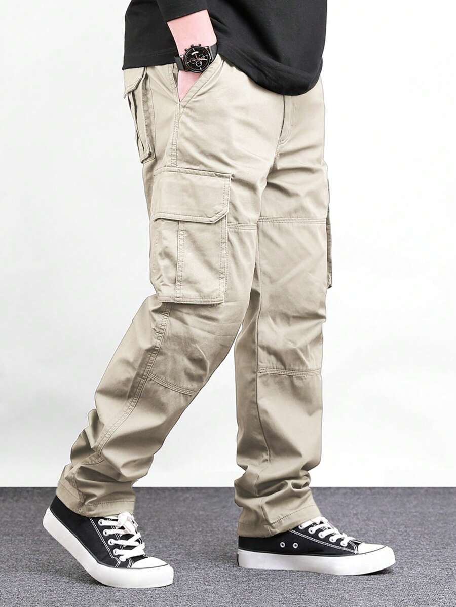 Manfinity Homme Men's Casual Multi-Pocket Cargo Pants For All Seasons, Fall - Beige - View 1