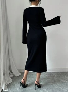 Chiquease Women's Color Blocking Front Button Bell Sleeve Sweater Dress Fall Cloth For Women - Black - View 2
