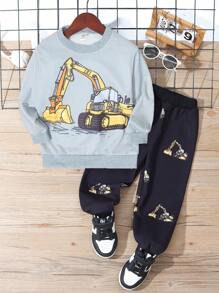 SHEIN 男童 2 件儿童休闲挖掘机印花运动衫和裤子套装，秋季 - 彩色 - 查看 1