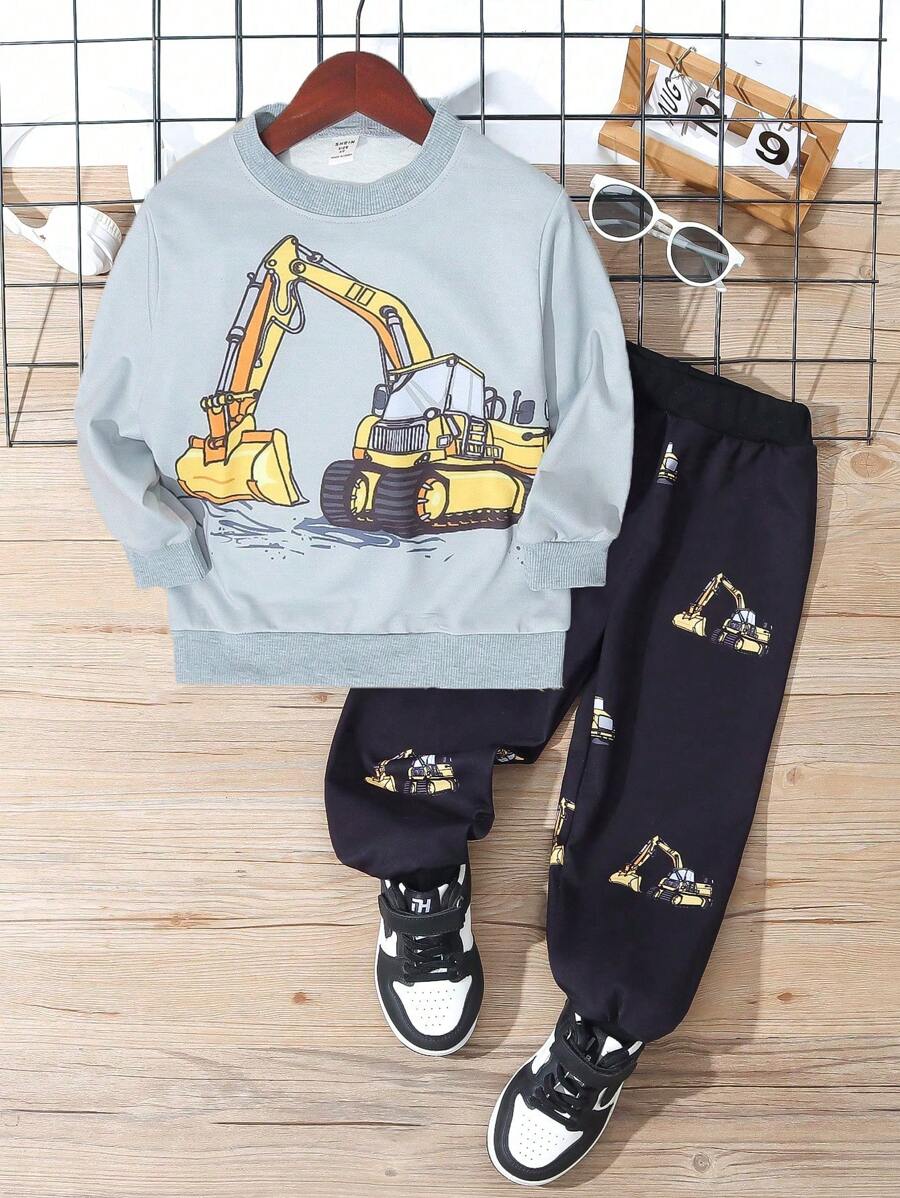SHEIN 男童 2 件儿童休闲挖掘机印花运动衫和裤子套装，秋季 - 彩色 - 查看 1