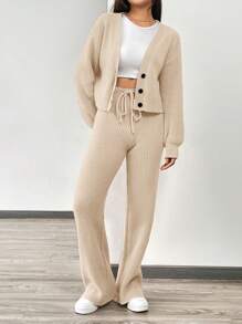 SHEIN EZwear 秋冬季女士休闲纯色长袖针织开衫两件套 - 卡其色 - 查看 6