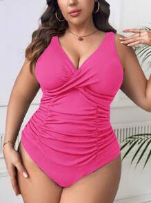 SHEIN Swim Curve 大尺碼純色v領集褶單件泳衣,收腹控制泡泡衣沙灘套裝假期風情 - 粉色 - 查看 3