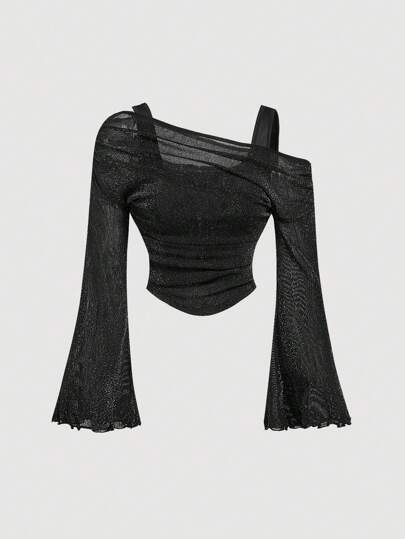 SHEIN MOD 黑色露肩网眼喇叭袖衬衫，适合约会、派对、优雅、假日、正式场合、镂空服装、公主女士服装、海滩女士服装、希腊女神服装、化妆舞会上衣、水钻上衣、哥特