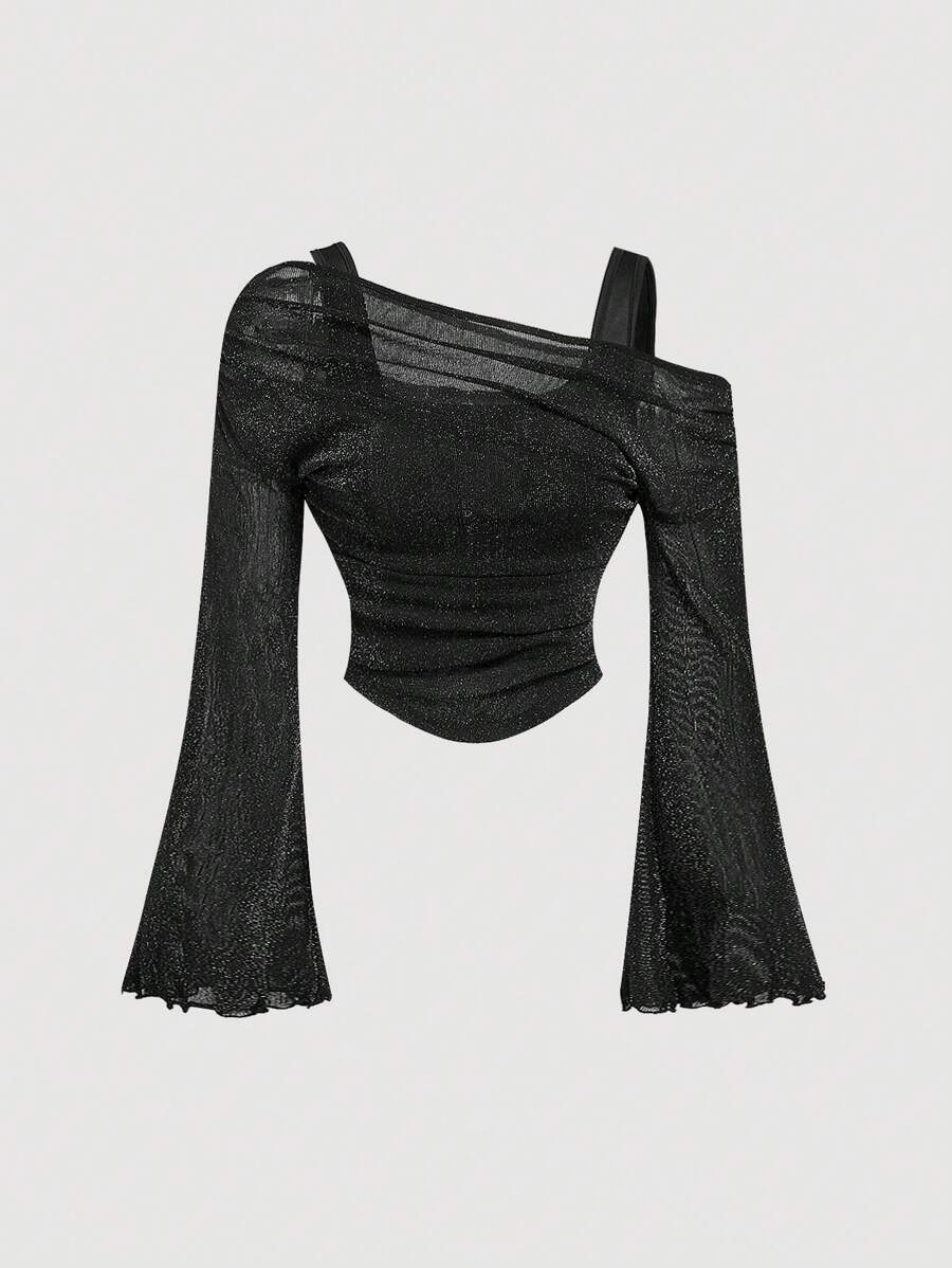 SHEIN MOD Áo cánh tay loe lưới hở vai màu đen, cho buổi hẹn hò, tiệc tùng, thanh lịch, ngày lễ, những dịp trang trọng, trang phục khoét rỗng, trang phục công chúa cho phụ nữ, trang phục bãi biển cho phụ nữ, trang phục nữ thần Hy Lạp, áo dạ hội hóa trang, áo đính đá, phong cách Goth - màu đen - Xem 1