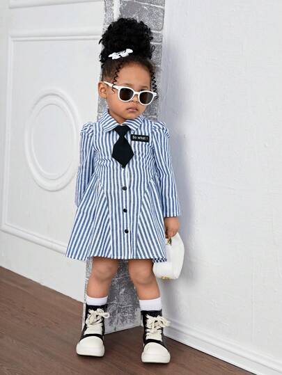 Bubblio Baby Girl Woven Long Sleeve Striped Collared Fitted Casual Dress (Tie Not Included)